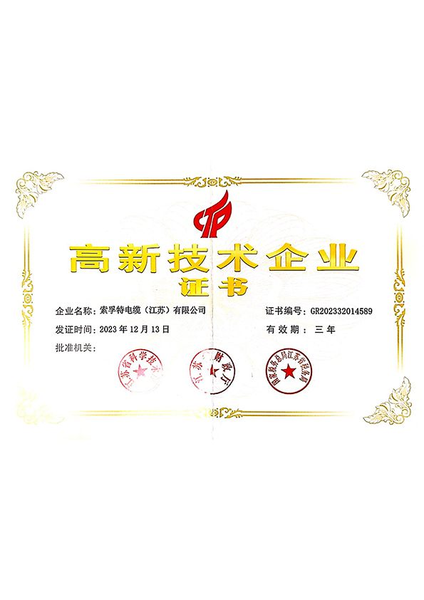 索孚特高新技术企业证书